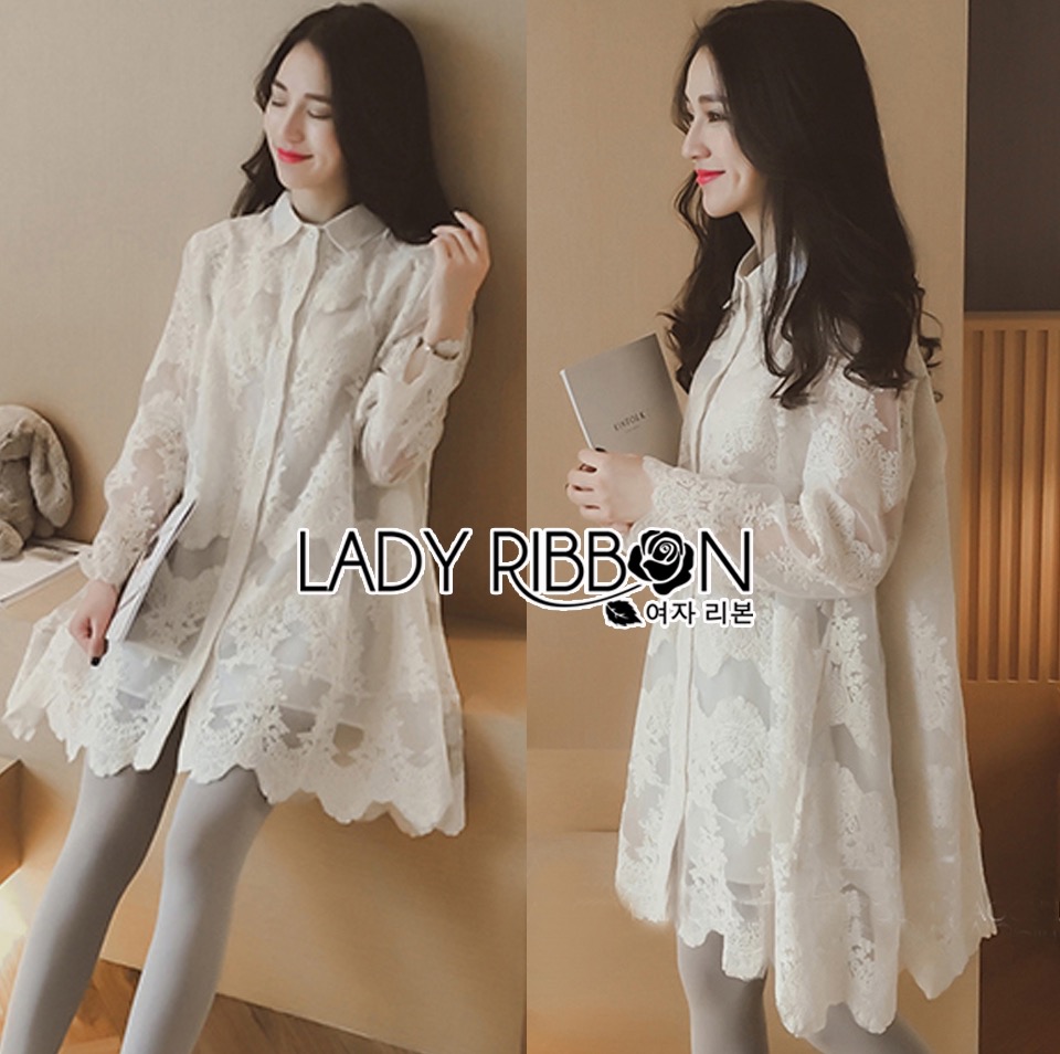 ladyribbon Lady Ribbon เสื้อผ้าพร้อมส่ง เสื้อผ้า Lady Ribbon พร้อมส่ง เลดี้ริบบอน Lady Ribbon's Made 🎀 Lady Alicia Classic Embroidered White Silk Cotton Shirt Dress