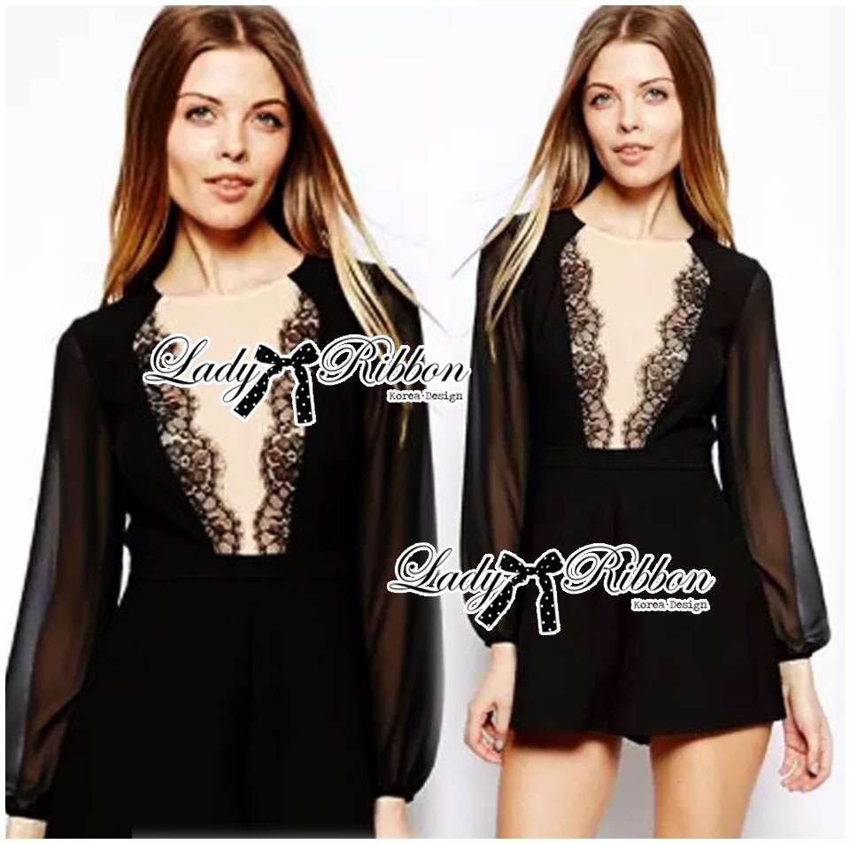 ladyribbon Lady Ribbon เสื้อผ้าพร้อมส่ง เสื้อผ้า Lady Ribbon พร้อมส่ง เลดี้ริบบอน Lady Ribbon's Made 🎀 Lady Analeigh Sexy Nude See-Through Front Lace Black Playsuit