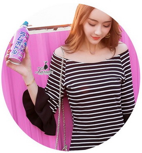striped lotus leaf sleeve dress เดรสเกาหลีสไตล์