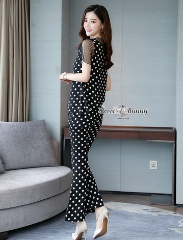 เซ็ทเสื้อ+กางเกงเกาหลีผ้าพิมพ์ลายจุดขาวดำ และลายริ้ว