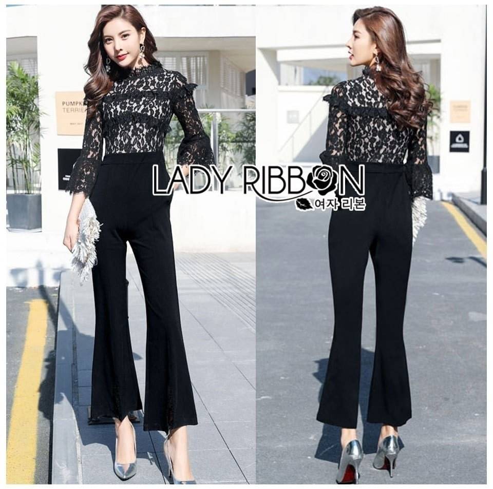Jumpsuit จัมป์สูทผ้าลูกไม้และกางเกงทรงขาบานสีดำ