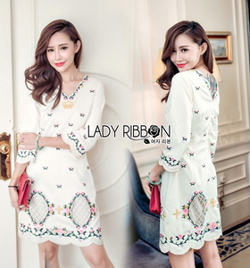 Lady Ribbon White Crepe Mini Dress มินิเดรสผ้าเครปสีขาวปักลายดอกไม้