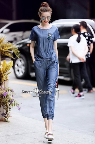 ชุดวอล์มเซ็ทเสื้อกางเกงยีนส์ผ้ายีนส์