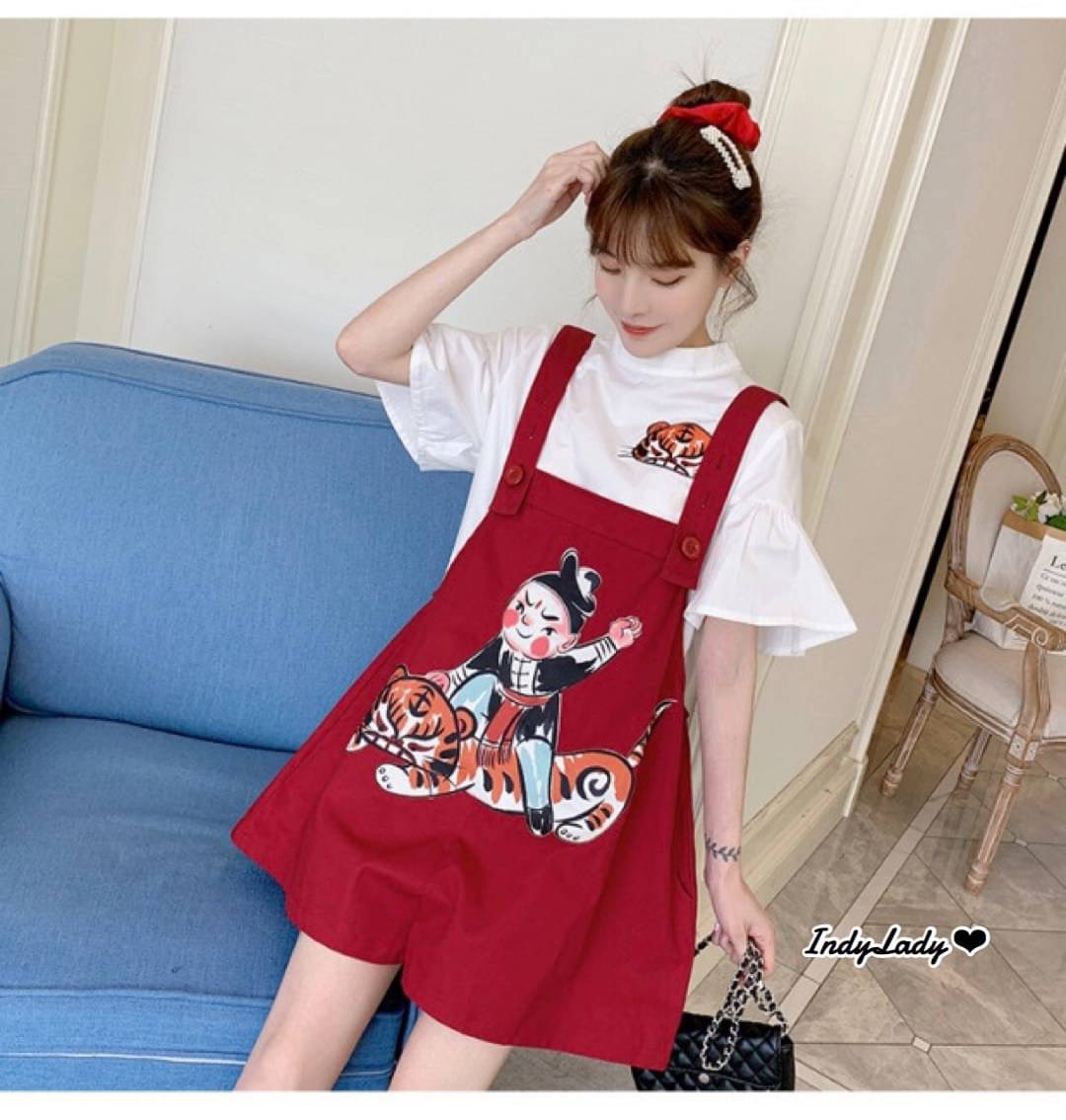 เสื้อเดรสเอี๊ยมตัวเสื้อแขนสั้นชายบาน