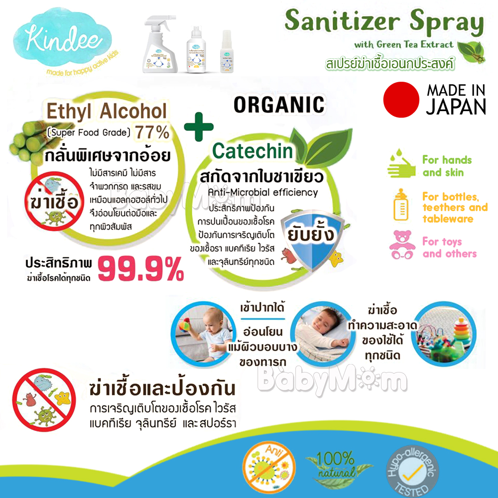Kindee สเปรย์น้ำฆ่าเชื้อ ทำความสะอาด สำหรับทารก เด็กแรกเกิด 30 ml กำจัดเชื้อแบคทีเรีย 99.9% ผลิตและนำเข้าจากประเทศญี่ปุ่น