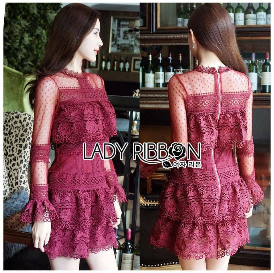 Mini Dress มินิเดรส ผ้าลูกไม้สีแดงตกแต่งระบาย