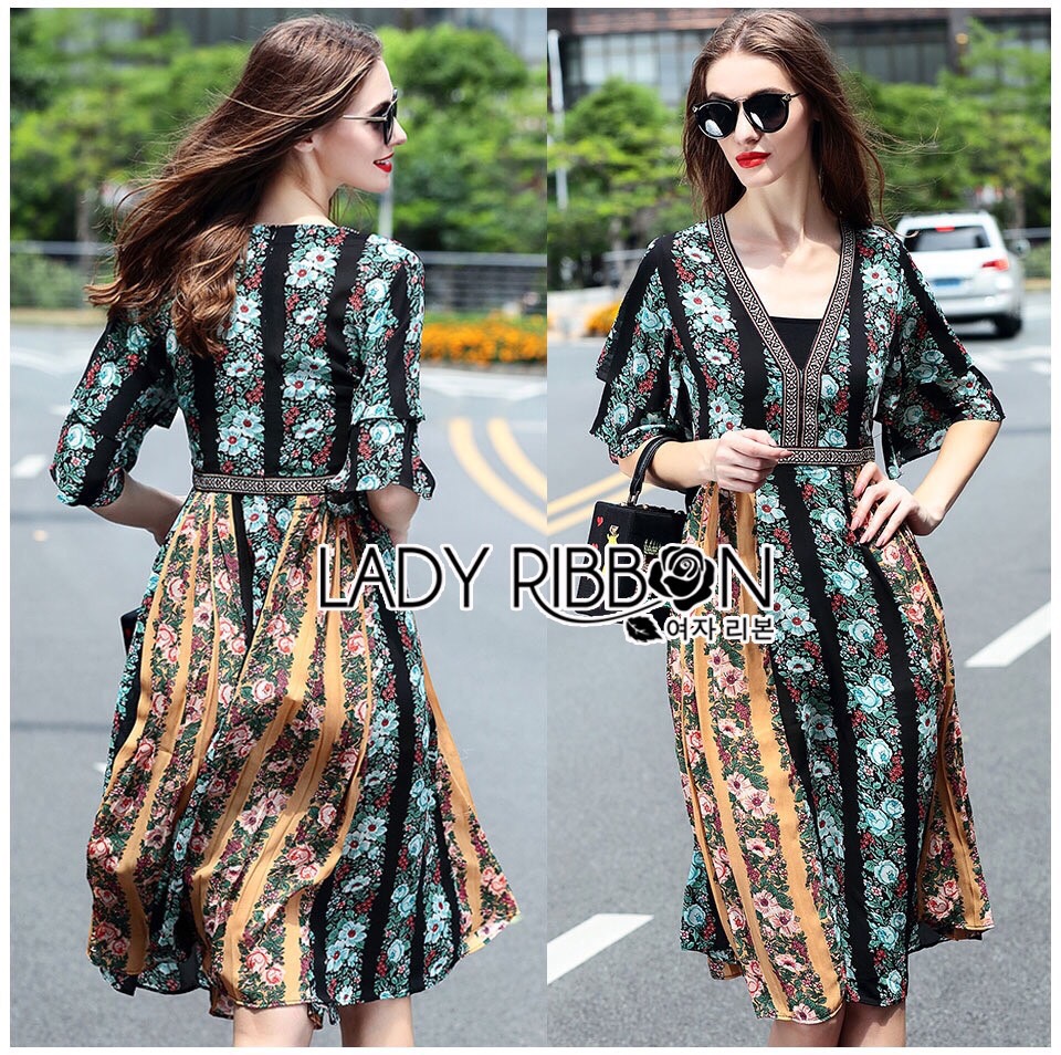 Lady Ribbon ขายส่ง LR11260516 🎀 Lady Ribbon's Made 🎀 Lady Florence Bohemian Chic Floral Printed Maxi Dress