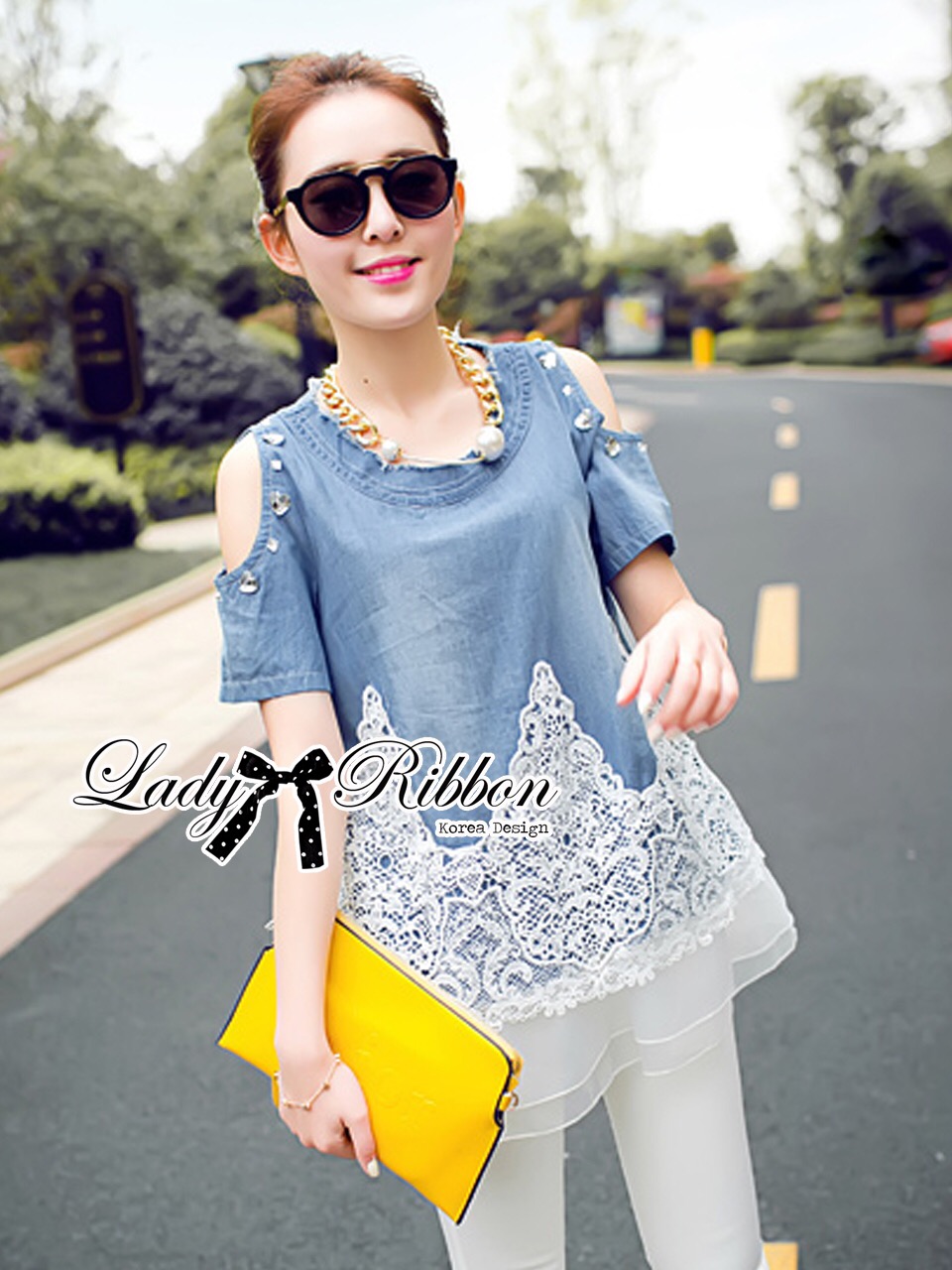 🌹Price : Lady Ribbon Online LR13120516 🎀 Lady Ribbon's Made 🎀 Lady Carrey Crystal Embellished Cut-Out Shoulder Insert Lace Denim Set