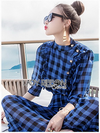 เสื้อตกแต่งระบายและกางเกงลายตารางสีน้ำเงิน-ดำ