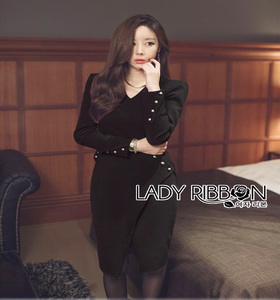 Lady Ribbon buttons Sexy Black Dress