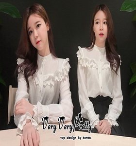 ผ้าชีฟองคอตั้งลูกไม้ระบาย