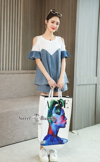 ผ้ายีนส์เนื้อนุ่มผ้าผ้าดีนิ่มใส่สบาย เสื้อทรงเว้าไหล่