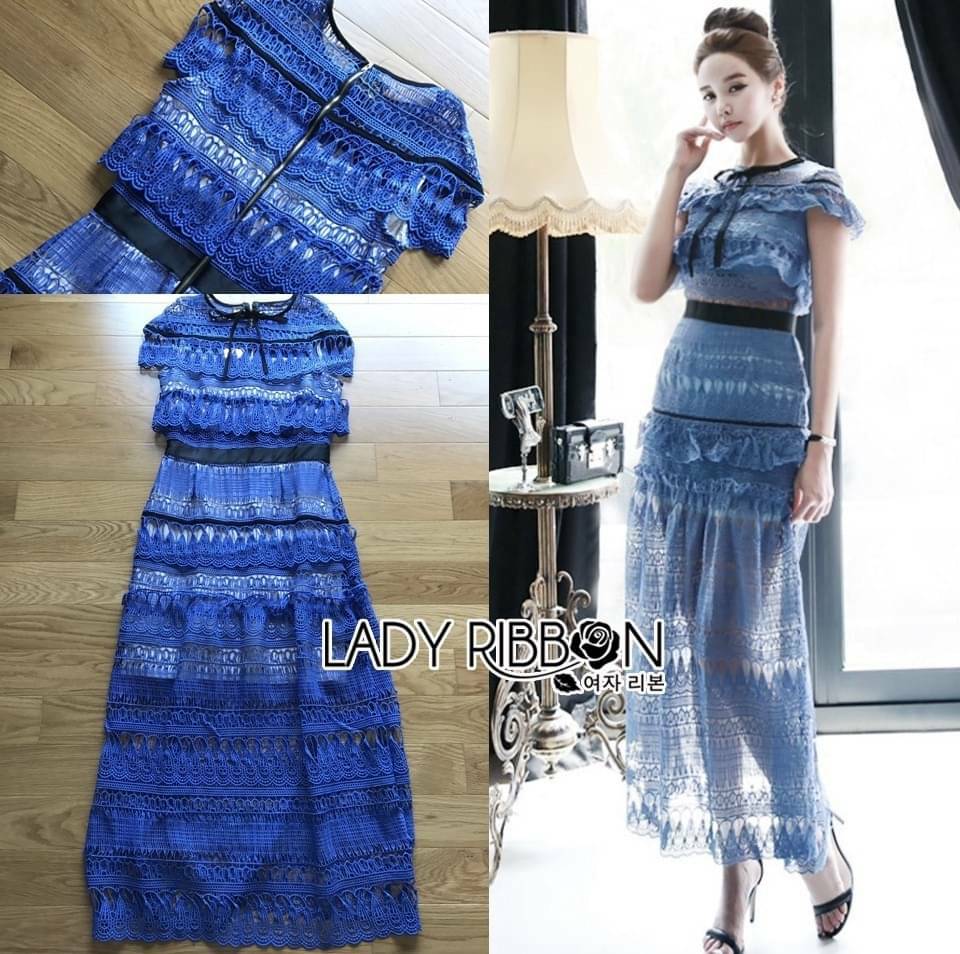 เดรสผ้าลูกไม้สีฟ้าตกแต่งโบ