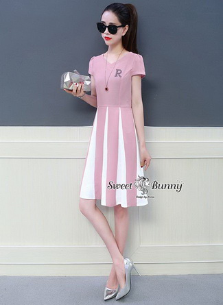 ชุดเดรสเกาหลีผ้าพื้นสีชมพู,สีเหลืองสีฟ้า