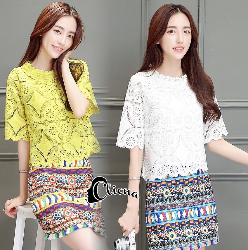 CN08010916 Cliona Made' Lace Top + Colorfull Skirt Set - เซ็ตเสื้อฉลุลูกไม้+กระโปรงลายกราฟฟิก