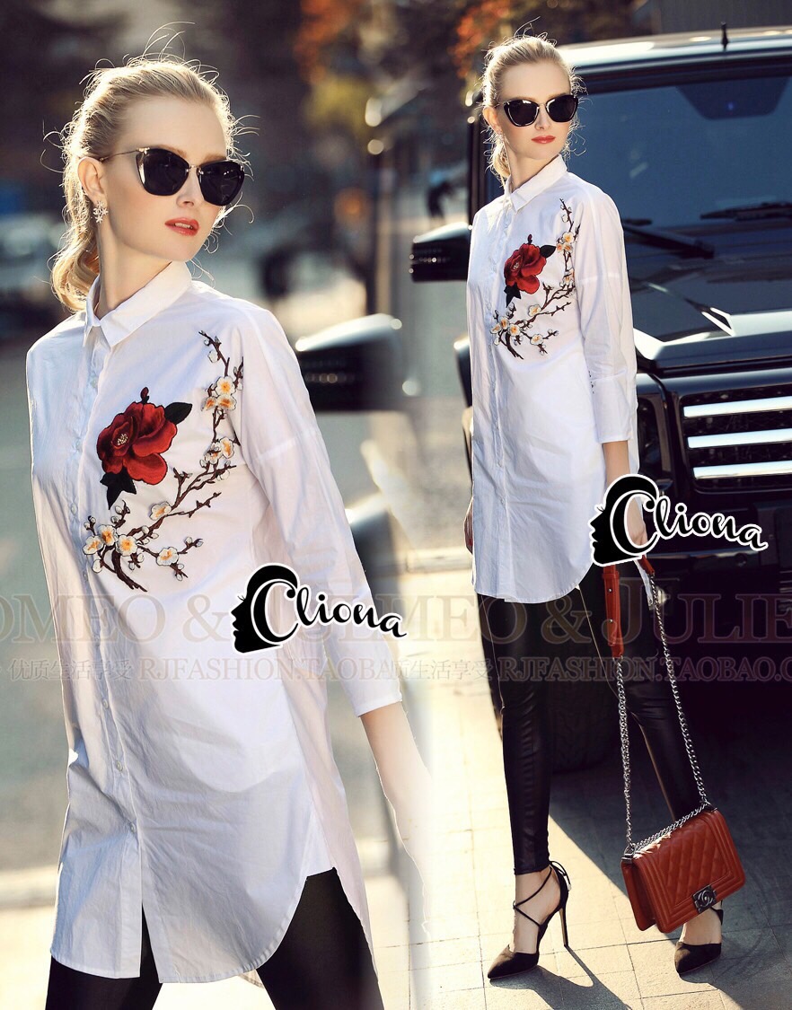 Cliona made'Crystal Embroidered Red Rose Luxury Long Shirt Dress - Long shirt
