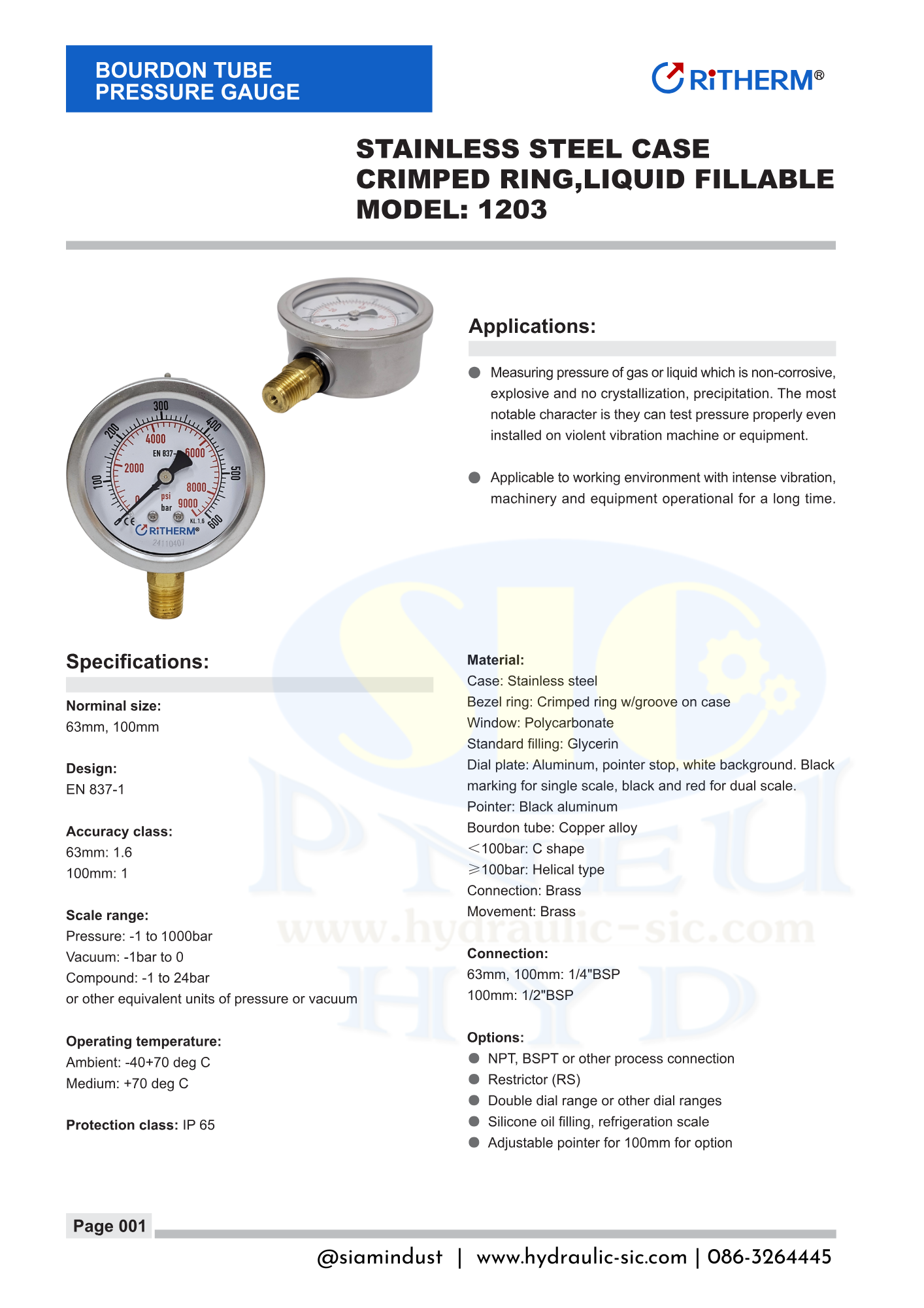 1203-063E Pressure Gauge เกจวัดแรงดันหน้าปัด 2.5" เกลียว 1/4" BSPT ออกหลัง RiTHERM