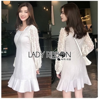 Wool Dress เดรสผ้าวูลสีเบจตกแต่งแขนลูกไม้