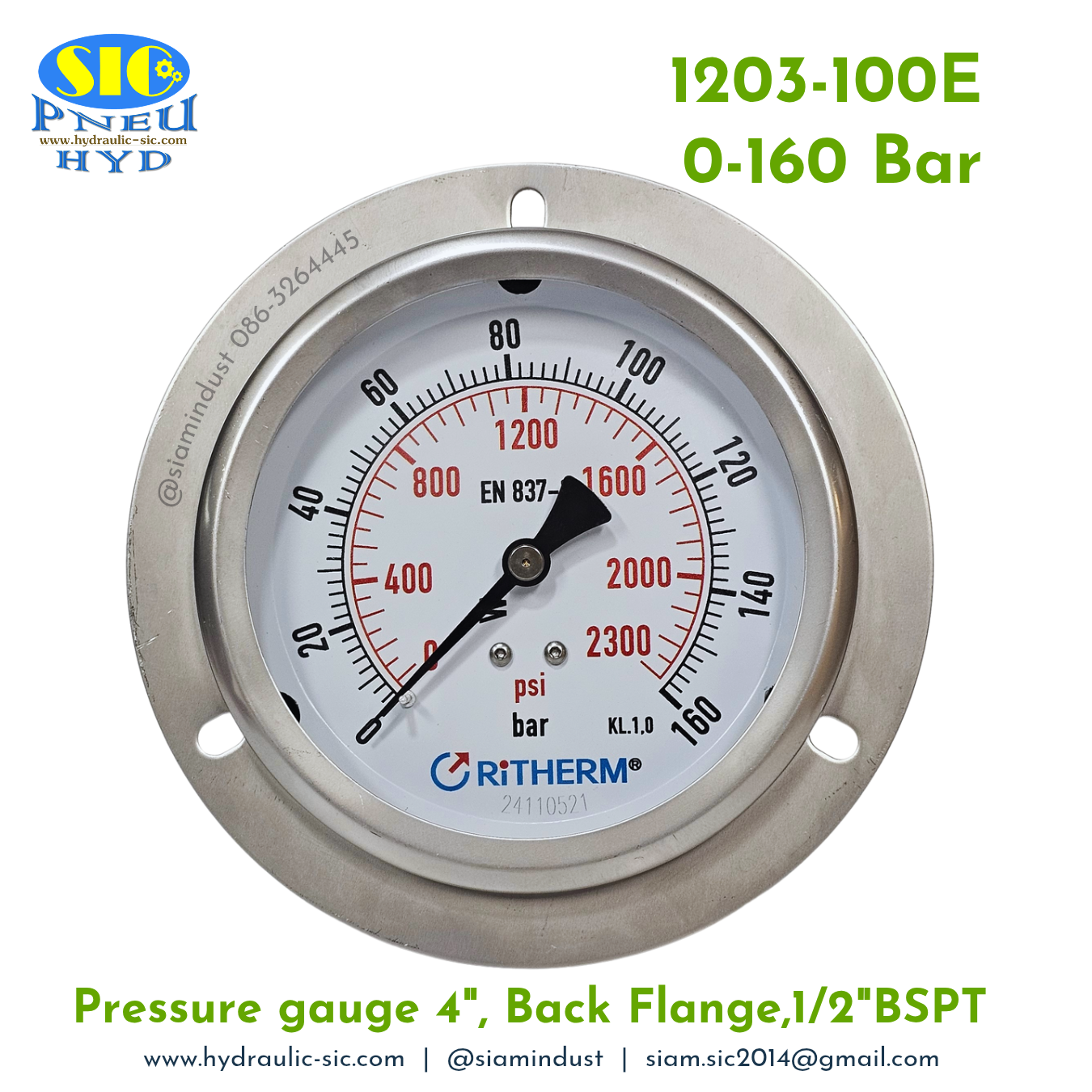 1203-100E Pressure Gauge เกจวัดแรงดันหน้าปัด 4" เกลียว 1/2" BSPT ออกหลังล่าง RiTHERM