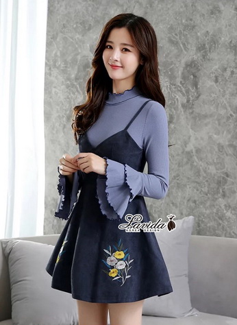 (เสื้อ+เดรส)ผ้ากำมะหยี่แขนระบาย 2 ชั้น