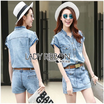 Lady Ribbon Online เสื้อผ้าออนไลน์ ขายส่งของแท้ราคาถููก LR11110716 🎀 Lady Ribbon's Made 🎀 Lady Cindy Little Western Cowboy Denim Shirt and Shorts Set with Belt