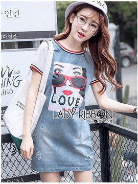 Lady Ribbon ขายส่งเสื้อผ้าออนไลน์พร้อมส่งของแท้ LR14220716 🎀 Lady Ribbon's Made 🎀 Lady Sara Street Chic Printed Soft Denim Dress