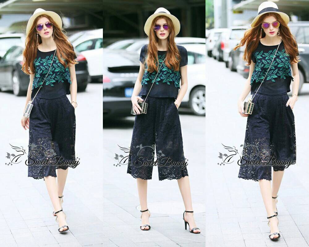 Lady Ribbon Online Sweet Bunny SB05300516 Sweet Bunny Present... Leaves Blue Lace Wide Pants Set
