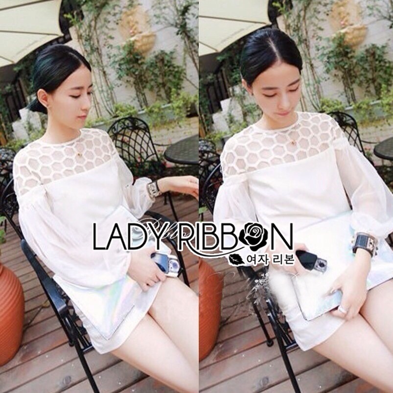 55Lady Ribbon's Made 🎀 Lady Hive See-through Top Mini dress มินิเดรสแขนยาว เก๋ๆด้วยดีเทลอกฉลุรังผึ้ง see-through ลุคชิคๆ เรียบหรู ด้วยโทนสีขาว