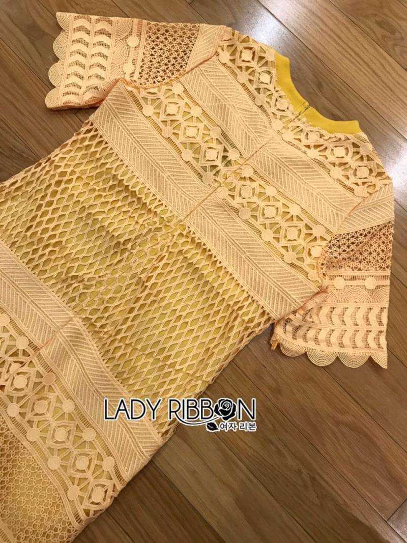 เดรสแขนสั้น ผ้าลูกไม้สีเหลือง สไตล์คลาสสิค
