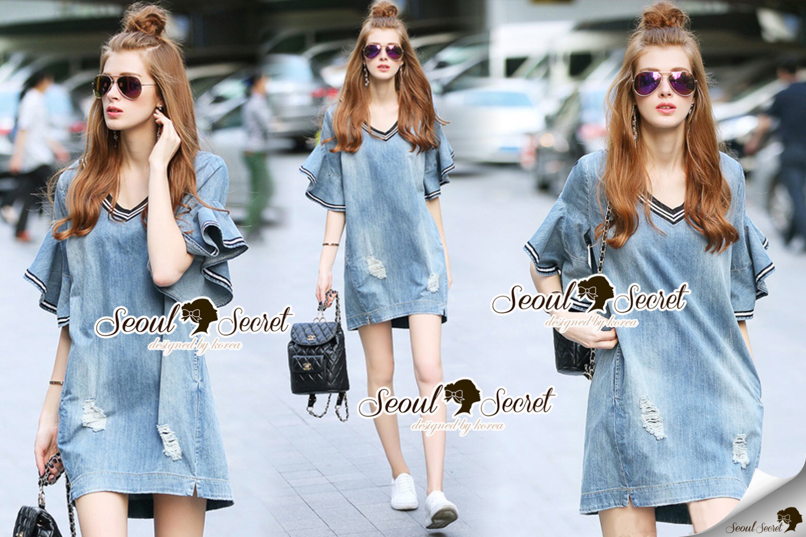 Lady Ribbon Online SS13060616 Seoul Secret Say's... V Stripy Oranamental Fringe Sleeve Denim Dress