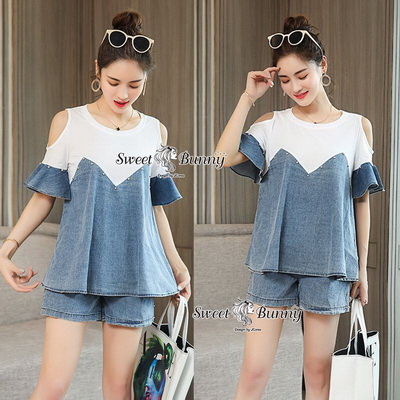 ผ้ายีนส์เนื้อนุ่มผ้าผ้าดีนิ่มใส่สบาย เสื้อทรงเว้าไหล่