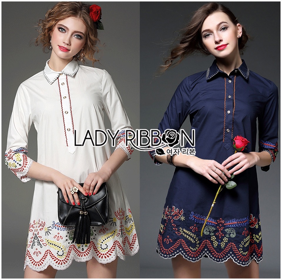 🎀 Lady Ribbon's Made 🎀 ขายส่ง Lady Annabelle Sweet Chic Embroidered Cotton Shirt Dress ขายส่งเชิ้ต