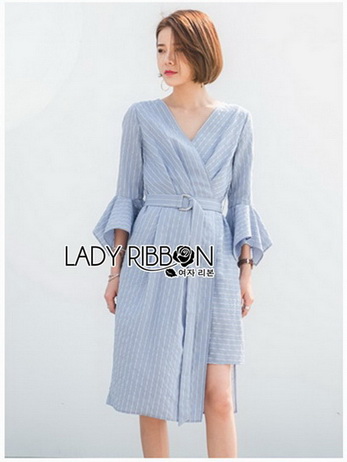 Lady Ribbon Cotton Dress เดรสสีฟ้าลายทาง