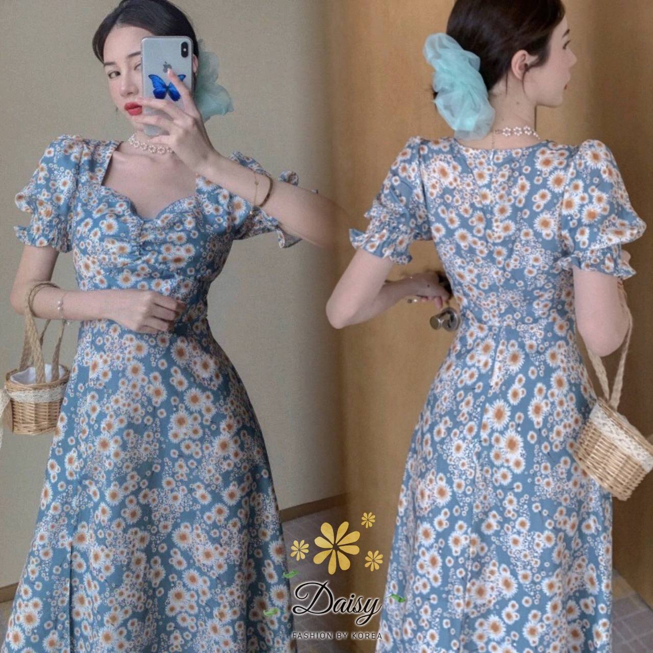 เดรสแขนตุ๊กตา สีฟ้าพิมพ์ลาย