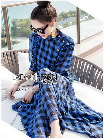 เสื้อตกแต่งระบายและกางเกงลายตารางสีน้ำเงิน-ดำ
