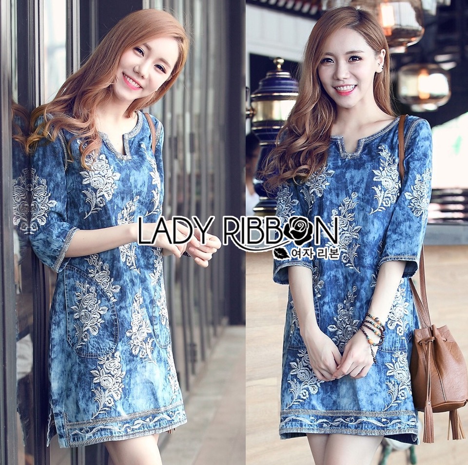 🎀 Lady Ribbon's Made 🎀 ขายส่งLady Lizzy Sweet Bohemian Floral Embroidered Denim Dress ขายส่ง เดรสผ้าเดนิม