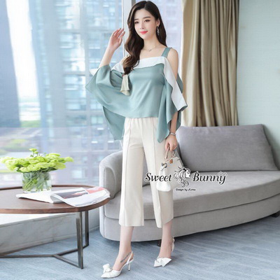 เซ็ทเสื้อ+กางเกงเกาหลีเสื้อผ้าไหมซาติน