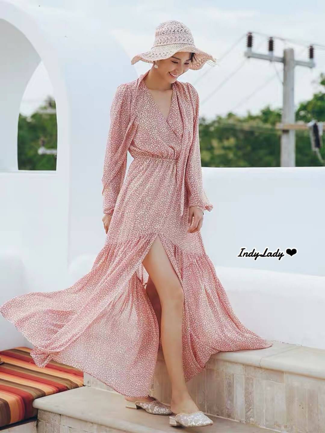 Dress ทรงสวยแขนยาวเอวสม๊อกไขว้หน้า