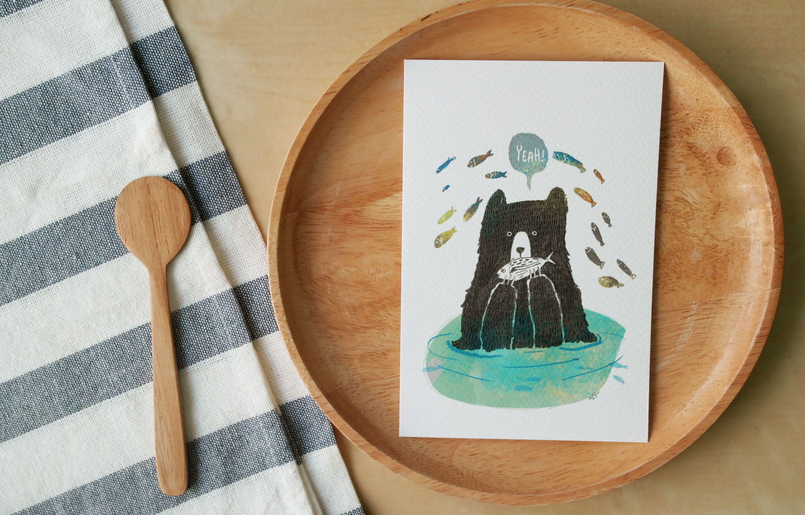 โปสการ์ด ลายหมีปลา A bear eat fish illustration postcard 4x6 inch