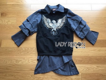 Layered-Sleeve Lady Ribbon Striped Shirt