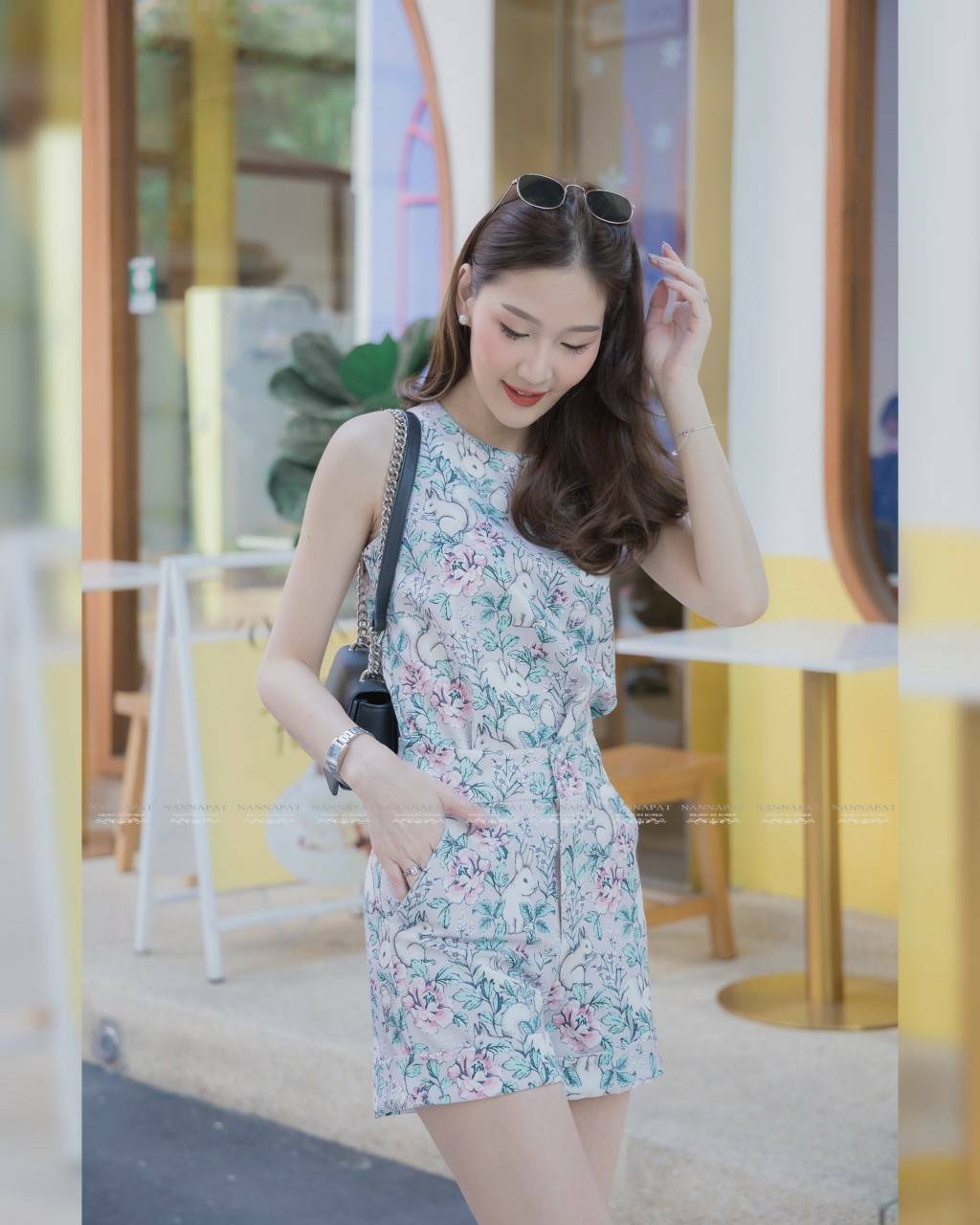 เซทเสื้อพิมพ์ลายตัวกางเกงมีกระเป๋าข้าง