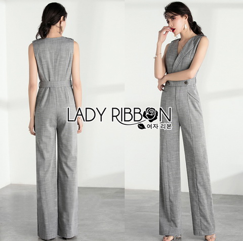 Lady Ribbon Grey Suit Jumpsuit จัมป์สูททรงสูทสีเทา