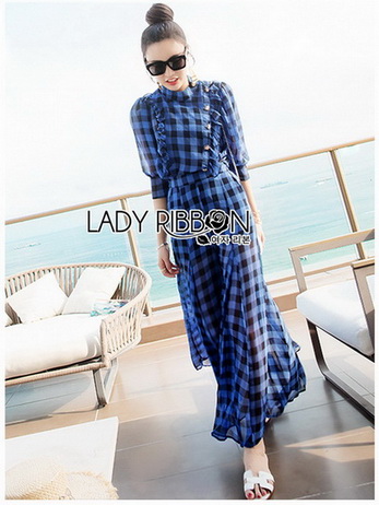 เสื้อตกแต่งระบายและกางเกงลายตารางสีน้ำเงิน-ดำ