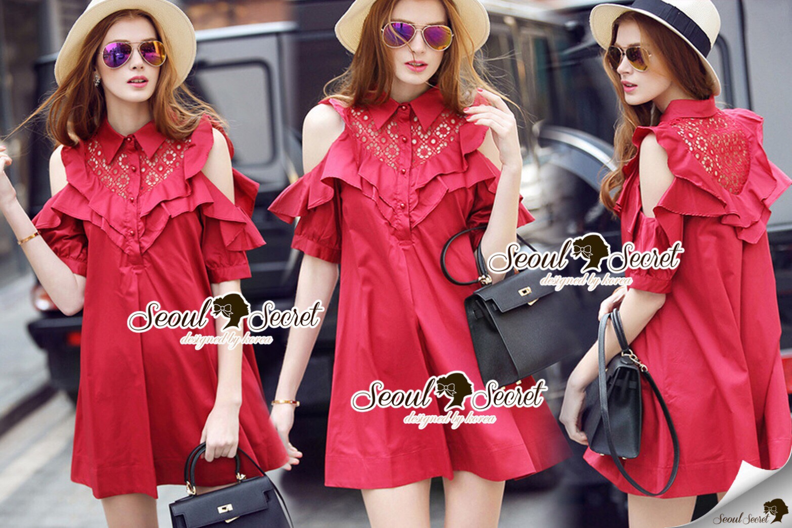 Lady Ribbon Online SS01300516 Seoul Secret Say's... Coral Red Layer Ornamental Fringe Dress