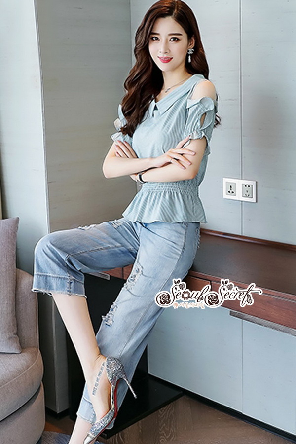 เซ็ทลุคสาววินเทจเสื้อพิมพ์ลายริ้วยาวโทนสีเขียว