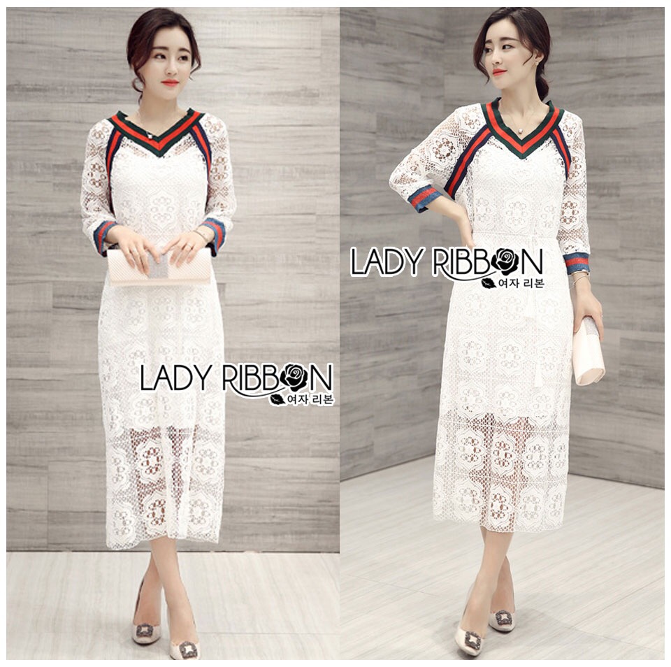 Lady Ribbon เสื้อผ้า LR05120516 🎀 Lady Ribbon's Made 🎀 Lady Paula Gucci Style White Lace Dress