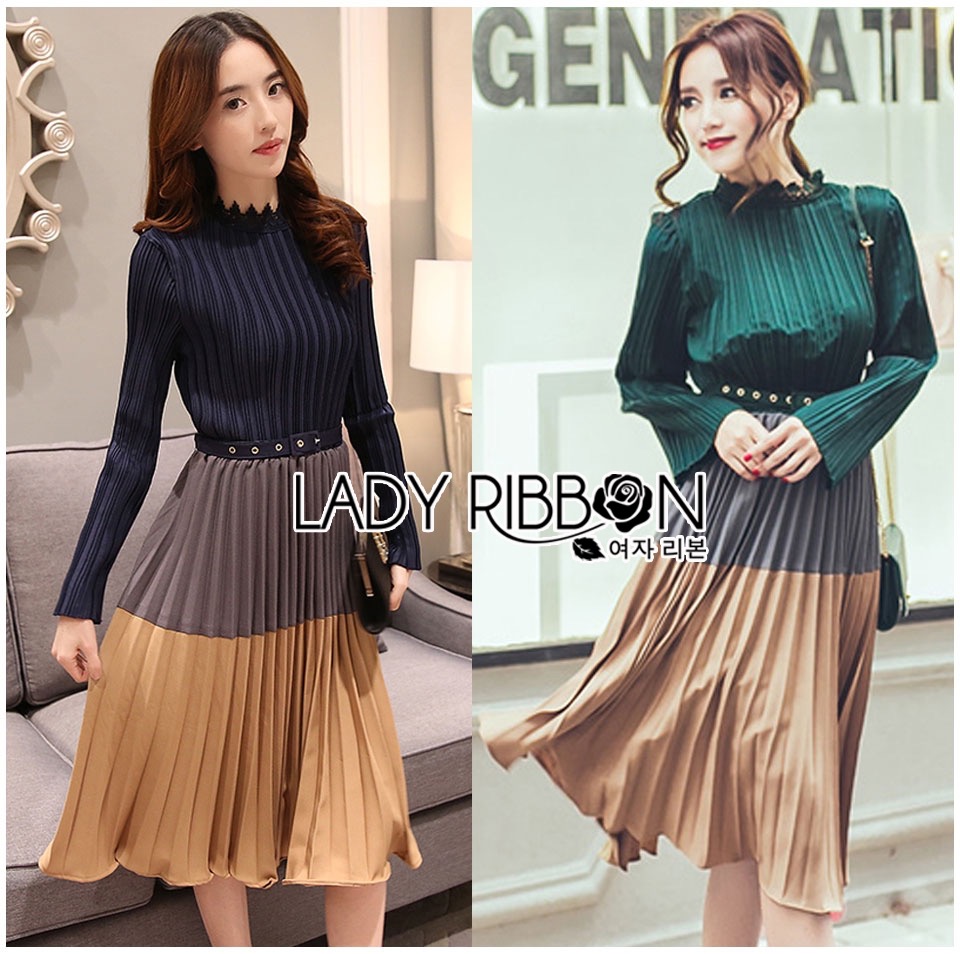 Lady Ribbon's Made 🎀 Lady Jamie Super Chic and Elegant Color-Blocking Pleated Dress เดรสผ้าจับพลีตตกแต่ง