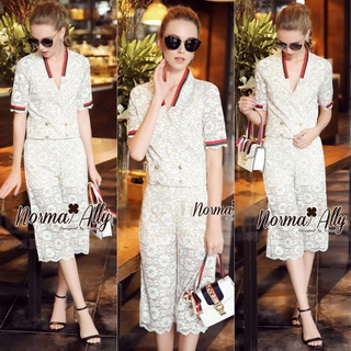 NA13290816 🎉Normal Ally Present Gucci new autumn collection 2016 V-neck shirt and wide leg pant lace set🎉 (เสื้อ+ กางเกงผ้าลูกไม้ , มีซับในอย่างดีทั้งชุด)