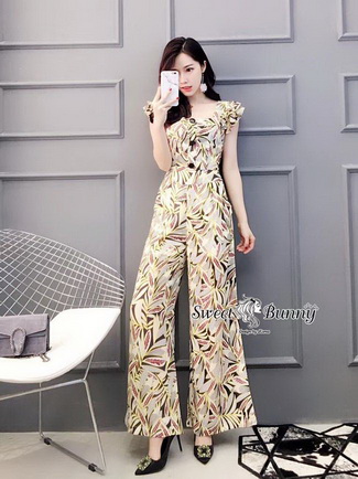 เสื้อกางเกงเกาหลีผ้าเนื้อดีพิมพ์ลายใบไม้