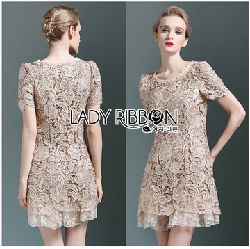 Lady Ribbon ขายส่งเสื้อผ้าออนไลน์พร้อมส่งของแท้ LR15220716 🎀 Lady Ribbon's Made 🎀 Lady Jennie Sweet Feminine Nude Guipure Lace Dress เ